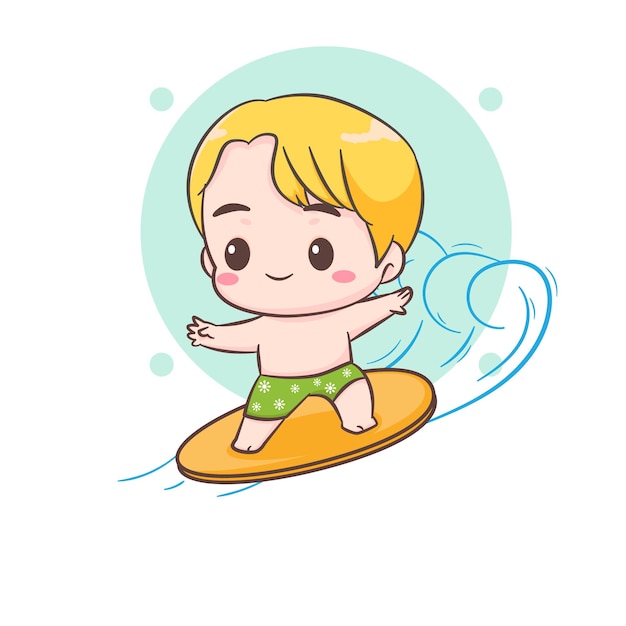 Young boy surfing on sea cartoon character