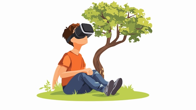 Vector young boy in virtual reality headset sitting on tree vector illustration