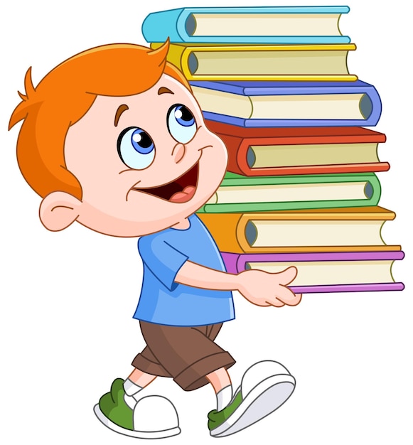 Young Boy Walking and Carrying a Tall and Heavy Stack of School Books