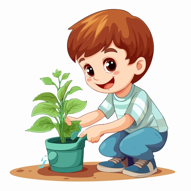 Young Boy Watering Green Potted Plants on White Background