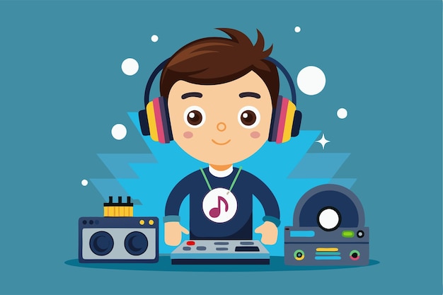 A young boy wearing headphones enjoys mixing music with DJ equipment in a colorful environment Customizable DJ boy illustration