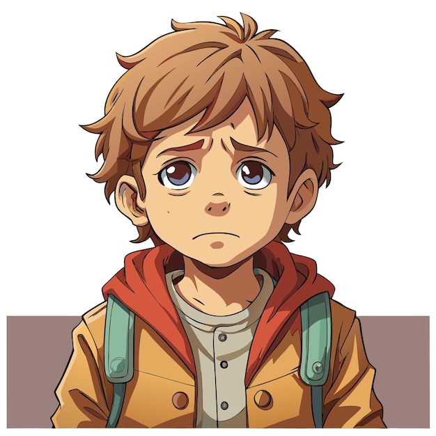 Vector a young boy with brown hair and blue eyes looks sad and worried he is wearing a yellow jacket and a backpack