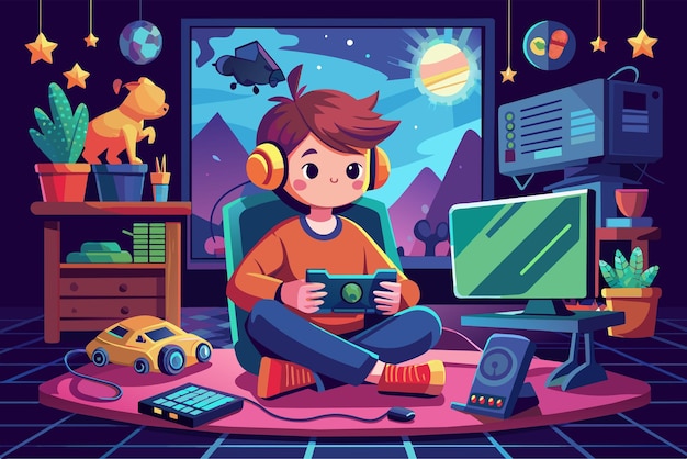 A young boy with headphones playing a handheld video game in a colorful room filled with whimsical creatures including a green dragon and an orange foxlike animal There are floating books