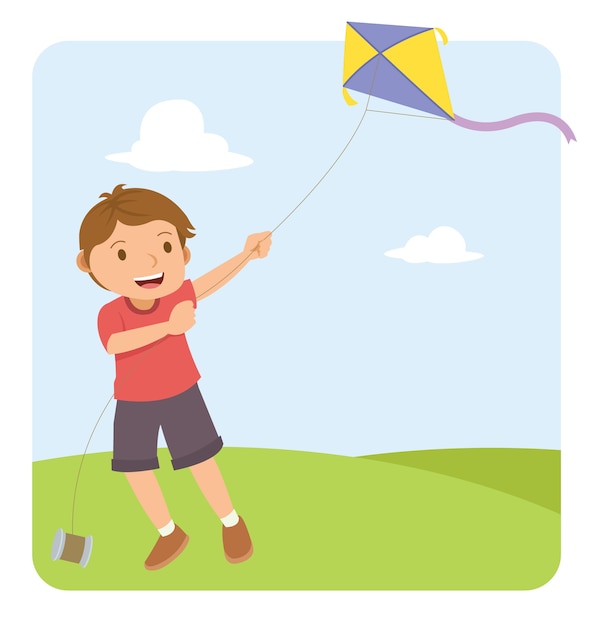 Young boy with red shirt flying a kite in the field