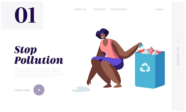 Young Brown Skin Woman Collecting Plastic Trash into Paper Bag with Recycling Sign. Stop Pollution Concept, Website Landing Page template