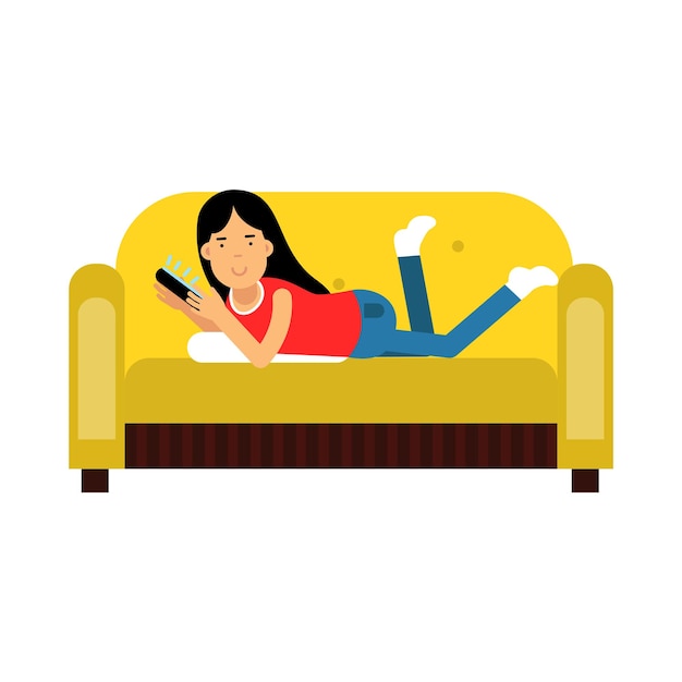 Young brunette girl in casual clothes lying on her stomach on yellow sofa and using her smartphone vector Illustration isolated on a white background