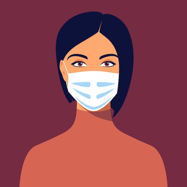 Young brunette woman wears medical mask. Avatar female portrait, full face. illustration in flat style.