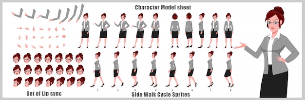 Young Business Girl Character model sheet with walk cycle animations and lip syncing