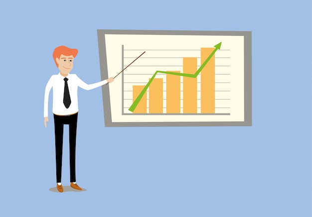 young business man making presentation by point at graph bar chart