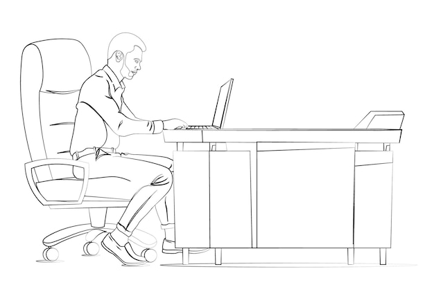 Young business man set in office working on laptop Outline vector design