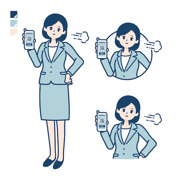 A young Business woman in a suit with cashless payment on smartphone Troubled images.
It's vector art so it's easy to edit.