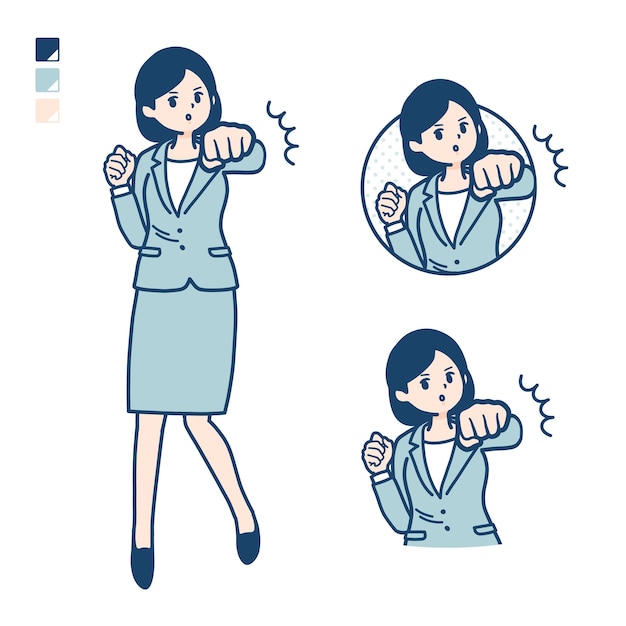 A young Business woman in a suit with Punch in front images.
It's vector art so it's easy to edit.