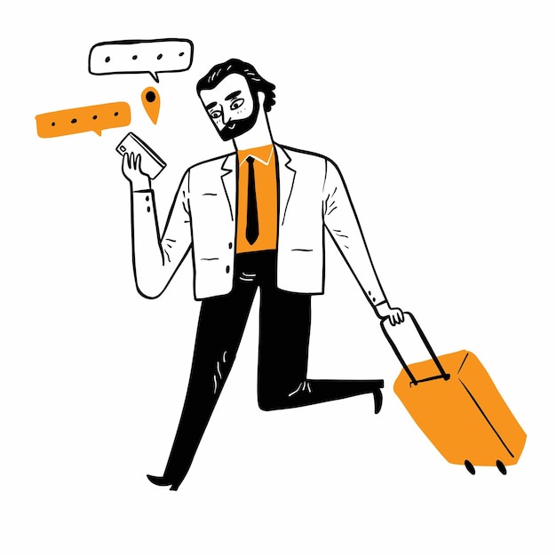 Young businessman or employee dragging the suitcase along with type text message with smartphone Hand drawn vector illustration doodle style