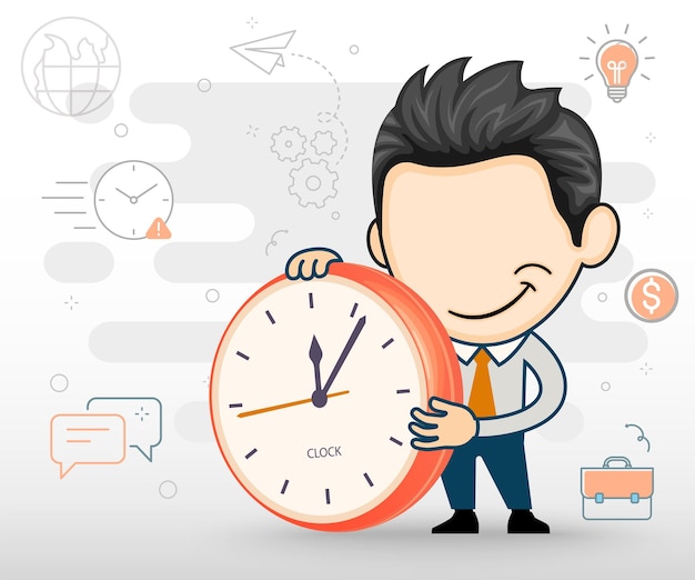 Young businessman holding clock Flat business concept in cartoon style