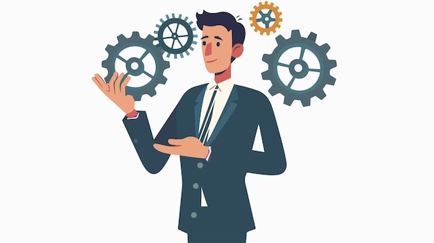 Young Businessman Holding Cogwheel Mechanism in Palm