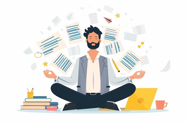 Vector young businessman meditating in office