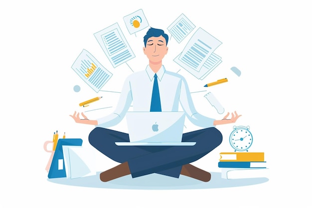 Vector young businessman meditating in office