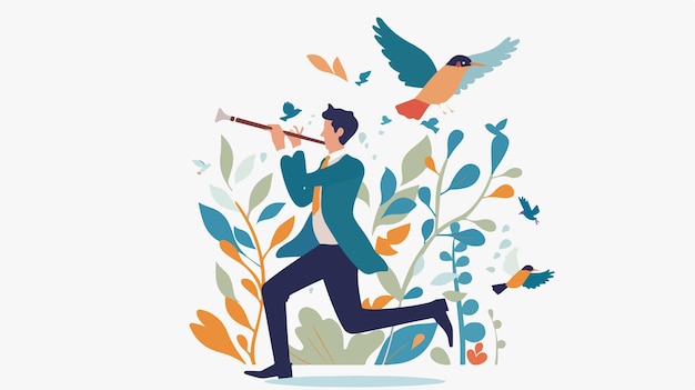 Vector young businessman playing flute with flying characters