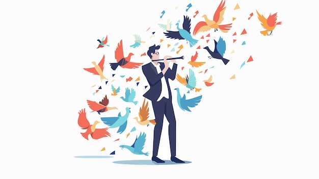 Vector young businessman playing flute with flying characters