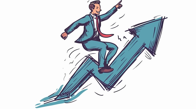 Vector young businessman riding graph arrow going up