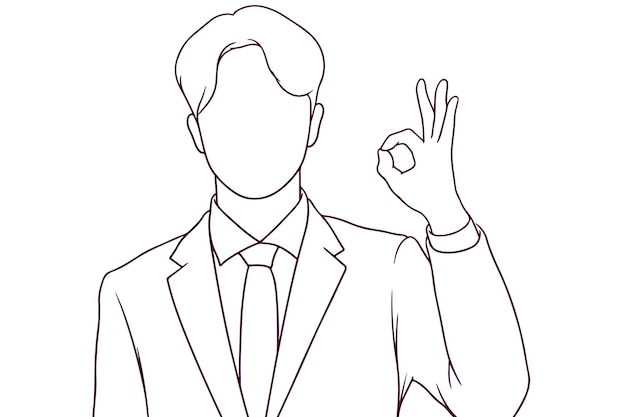 Young businessman showing ok gesture hand drawn style vector illustration