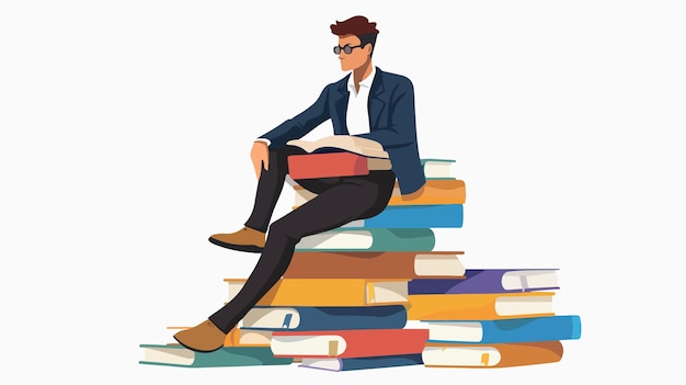 Young Businessman Sitting on Pile of Books Flat Vector Illustration