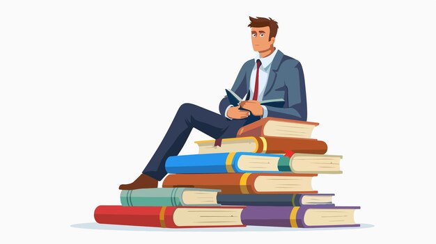 Young Businessman Sitting on Pile of Books Flat Vector Illustration