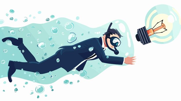 Young Businessman in Suit and Diving Mask Swimming