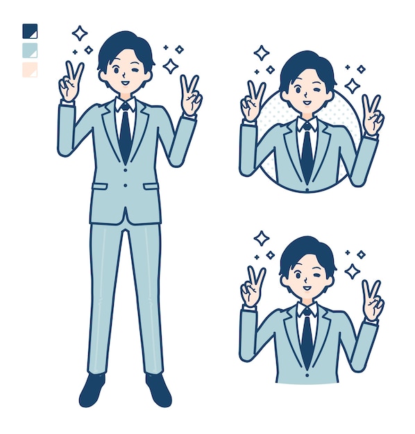 A young Businessman in a suit with Peace sign images.
It's vector art so it's easy to edit.