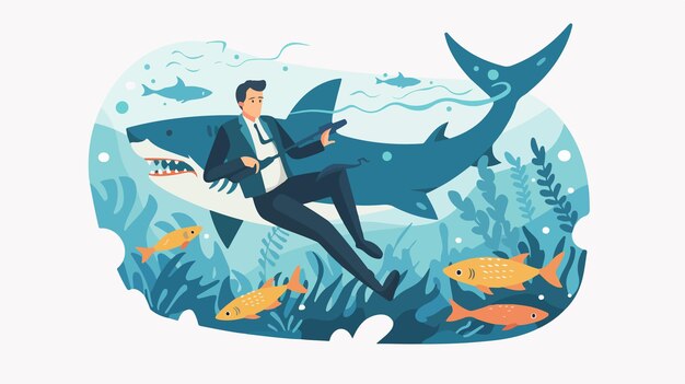 Young Businessman Swimming Underwater with Shark Flipper