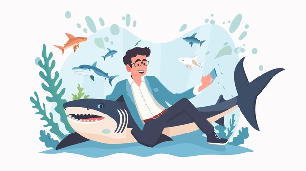 Young Businessman Swimming Underwater with Shark Flipper