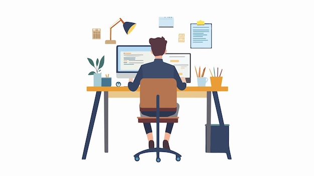 Young Businessman Working on Computer Flat Illustration