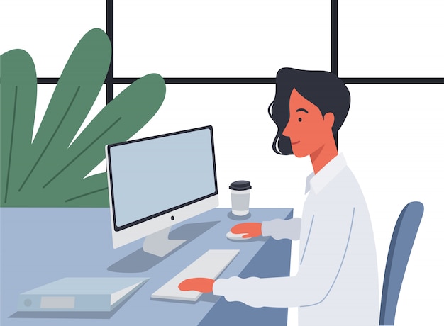 Young businessman working on his computer in the Office. illustration in a flat style