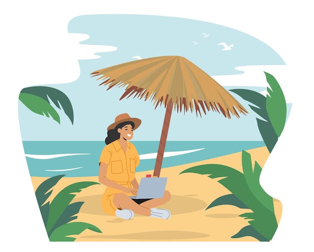 Young Businesswoman Freelancer Character Sit on Beach under Straw Umbrella Work on Laptop and Enjoying Tropical Island or Resort Seascape with Palms and Ocean Waves Cartoon People Vector Illustration