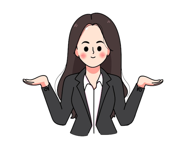 Young businesswoman points hands to presented to copy space hand drawn cartoon art illustration