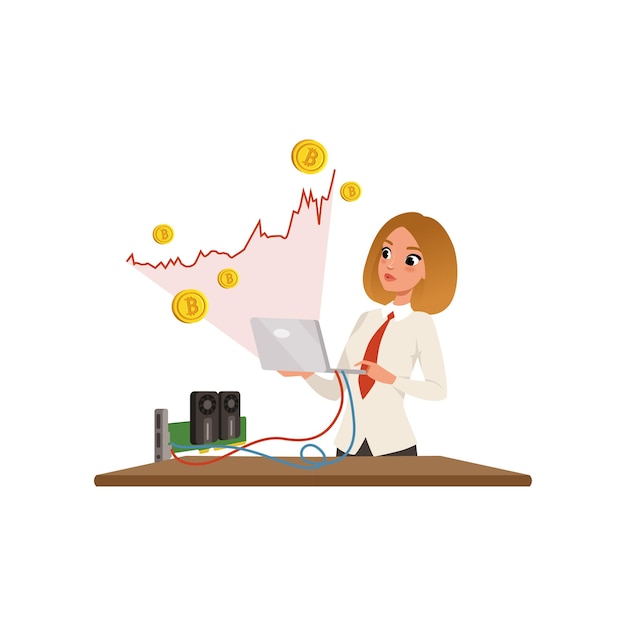 Young businesswoman with laptop in hands mining bitcoins. Red growing graph. Miner of GPU. Virtual money theme. Cartoon character of woman. Flat vector illustration isolated on white background.