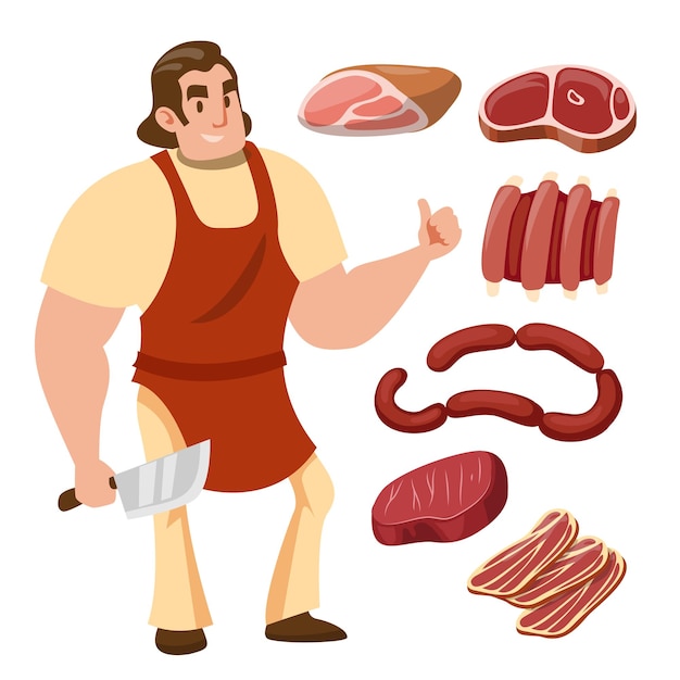 Vector young butcher man with various types of meat cartoon vector