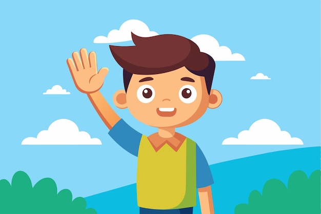 Vector a young cartoon boy raises his hand with a big smile in a bright outdoor landscape filled with clouds raising hand customizable cartoon illustration