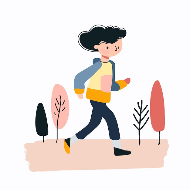 Young cartoon boy running outdoors setting happy expression Cartoon child jogging past trees