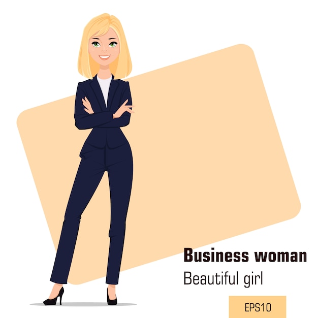 Young cartoon businesswoman standing with crossed hands