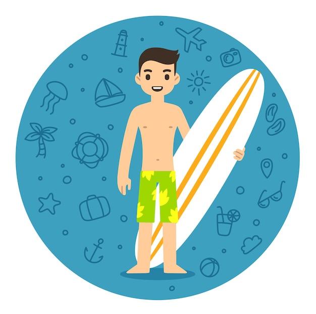 Young cartoon man on beach with surfboard