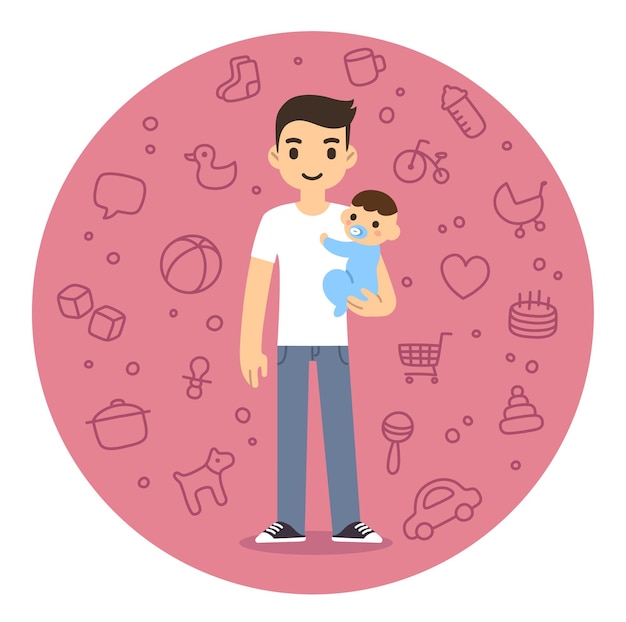 Young cartoon man holding baby boy