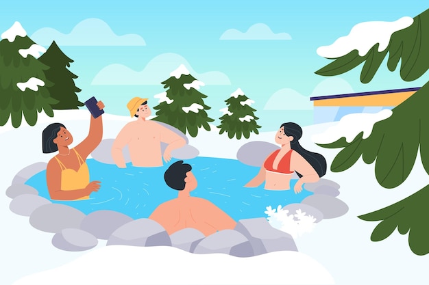 Young cartoon people relaxing at hot spring together in winter