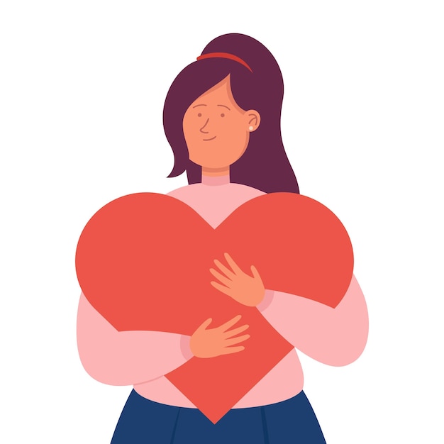 Young cartoon woman hugging giant red heart