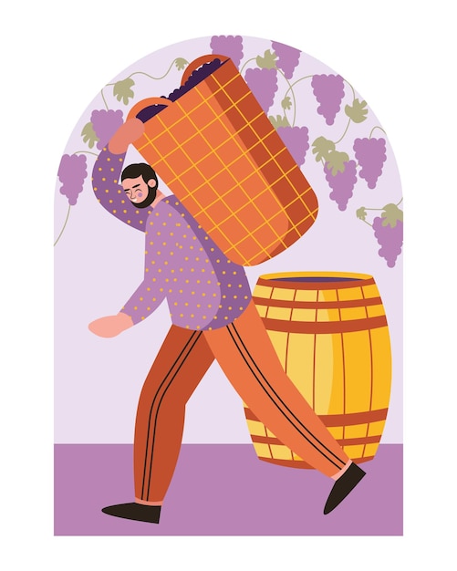 Young cartoon worker holding big basket with grapes and carrying