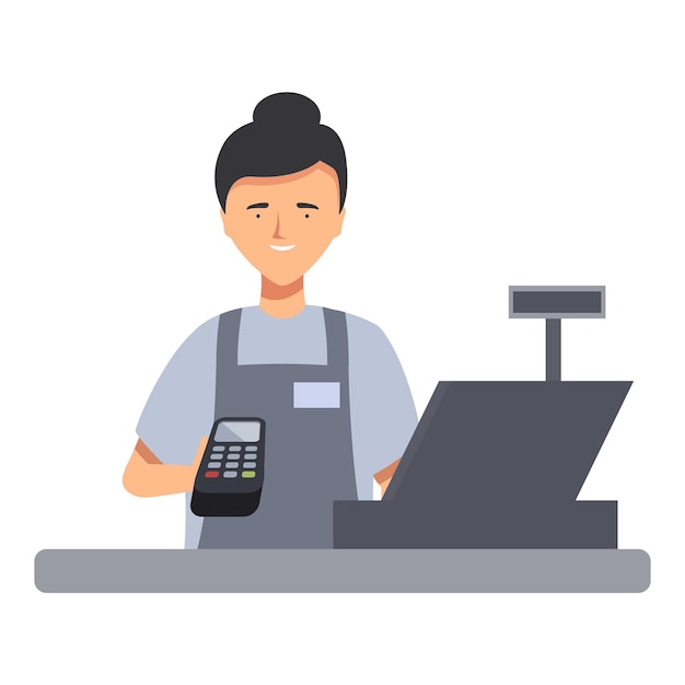 Vector young cashier woman holding pos terminal at checkout counter retail sales customer service