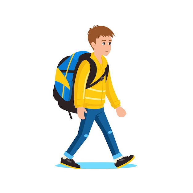 Young caucasian boy walking with a blue backpack dressed in yellow jacket and jeans casual style