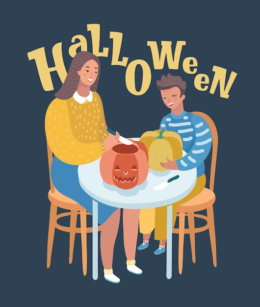 Young caucasian mother and her son carving pumpkins and preparing for Halloween Cheerful mother and son cutting pumpkins for Halloween and making grimaces Vector cartoon illustration Square layout