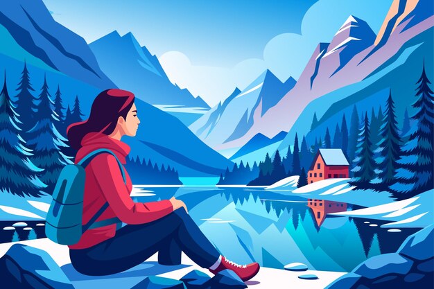 Vector young caucasian woman sitting on the background of lago di braies in winter 2d flat vector art vec