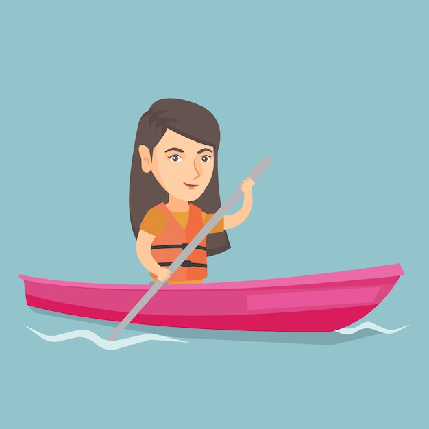 Young caucasian woman travelling by kayak.